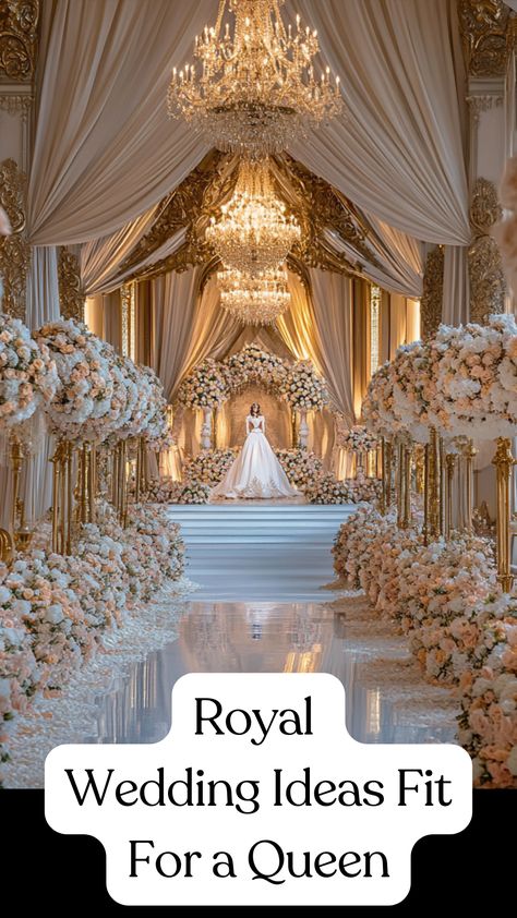 A beautiful royal wedding setup with luxurious decor, elegant attire, and a majestic venue fit for a queen, showcasing ideas for creating a regal and unforgettable wedding day. Royal Themed Wedding Decor, Royal Inspired Wedding, Royalty Themed Wedding, Royal Wedding Theme Decorations, Royal Wedding Venue Ideas, Royal Wedding Decorations Outdoor, Wedding Royal Theme, Royal Theme Wedding Decor, Heaven Theme Wedding