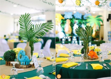 Dinosaur Table Centerpiece Diy, Centerpieces Dinosaur Party, Dinosaur Themed Birthday Party Centerpiece, Dinosaur Party Table Centerpiece, Dino Theme Centerpiece, Dino Themed Centerpieces, Dino Table Centerpiece, Dinosaur Baby Shower Table Centerpieces, Dinosaur Birthday Table Decorations