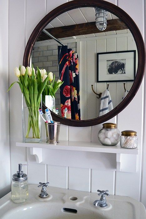 Shelf under mirror Shower Curtain Diy, Anthropologie Shower Curtain, Farmhouse Guest Bathroom, Planked Walls, Marble Subway Tile, Curtain Diy, Guest Bathroom Renovation, Bathroom Mirrors Diy, Bathroom Mirror With Shelf