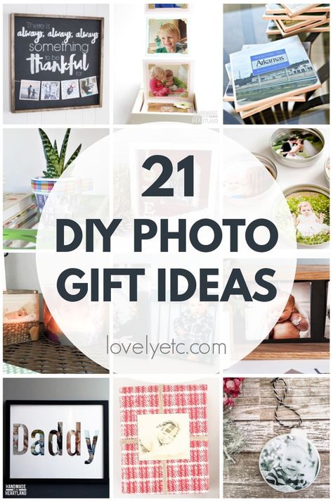 These 21 DIY photo gifts include photo magnets, DIY photo canvases, photo displays, and all kinds of other creative photo gifts for everyone on your list. Find easy, meaningful photo gift ideas for even the most difficult people to buy presents for. Photo Memory Ideas Gift, Diy Christmas Photo Gift Ideas, Ideas With Photos Gift, Cricut Memorial Projects With Photo, Cricut Photography Projects, Diy Presents With Photos, Gifts Made From Photos, How To Make A Photo Collage On Canvas, Gifts Using Pictures