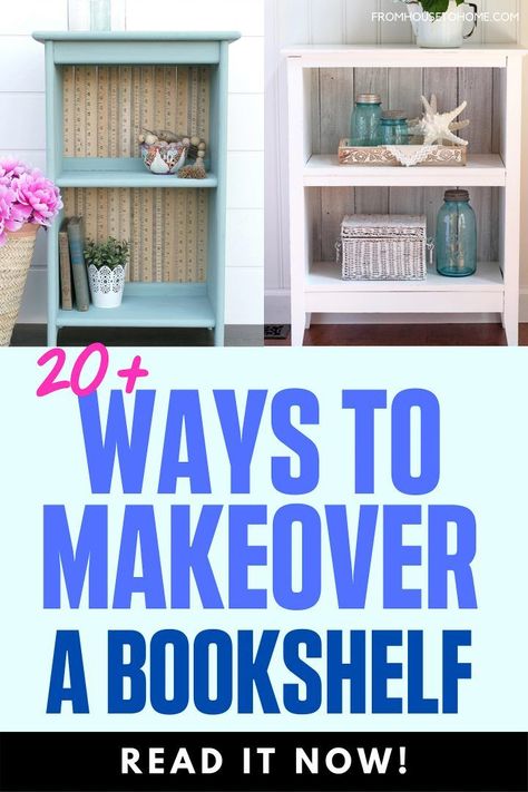 Try these easy DIY bookshelf makeovers to update an old, ugly bookcase or modernize a builtin. Find ideas for painting bookshelves, learn how to cover the back and see how to add some custom details that will make your bookcases look custom made. #fromhousetohome #diy #home #decor #diydecorating #furniture Bookshelf Makeover Diy, Diy Bookshelf Makeover, Easy Diy Bookshelf, Build Your Own Shelves, Painting Shelves, Shelf Makeover, Bookshelf Makeover, Bookcase Makeover, Old Bookshelves