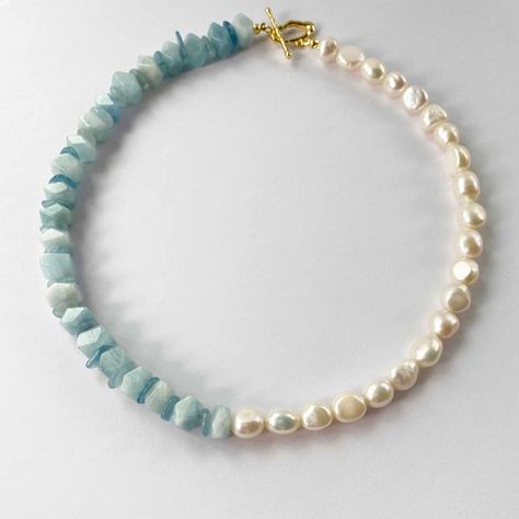 Natural Stone Aquamarine Baroque Pearl Necklace Pearl Stone Necklace, Pearl Handmade Necklace, Stone Beads Jewelry, Natural Stone Beaded Necklace, Natural Stone Necklaces Handmade, Handmade Necklaces Diy, Beading Ideas Jewelry, Pearl Necklace Ideas, Stone Necklace Diy