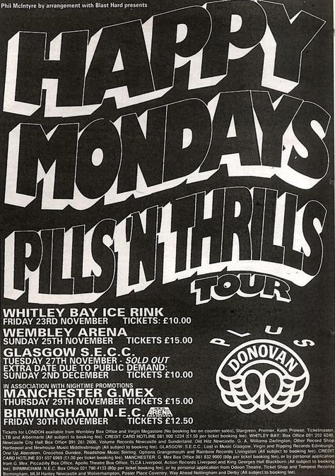 10 11 90PN43 Advert Happy Mondays Pills N Thrills Tour WINTER90 7x5 | eBay December Promotion, Happy Mondays, Rock Posters, Room Posters, Happy Monday, Happy Friday, Graphic Design Logo, Glasgow, Rock N Roll