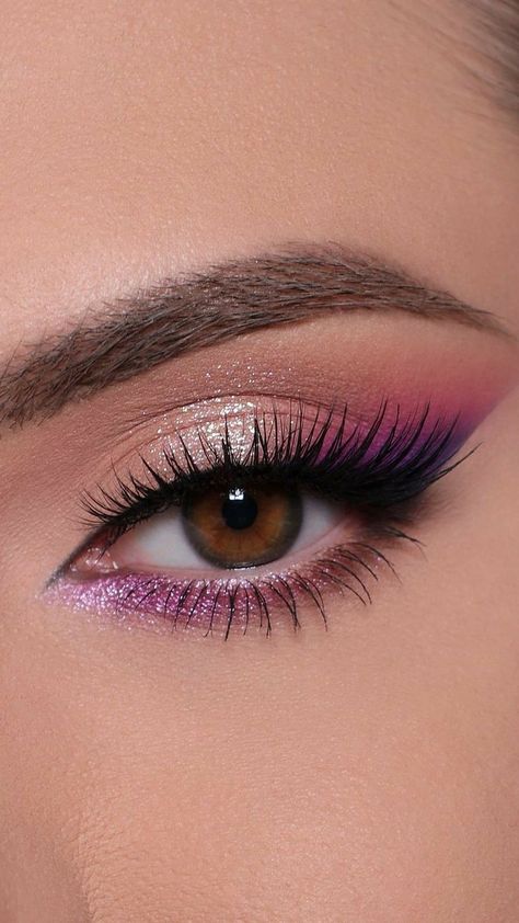 Neutral Eye Makeup With A Pop Of Color, Color Smokey Eye Makeup, Colorful Makeup For Brown Eyes, Colorful Bridal Makeup, Make Up Purple Eyes, Purple And Silver Makeup, Eye Makeup For Wedding, Color Smokey Eye, Fashion Makeup Looks