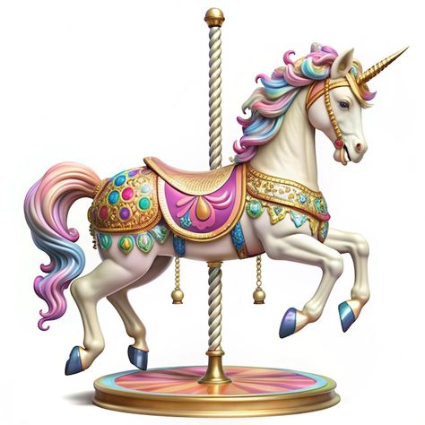 Detailed 3D Plastic Graphic of Whimsical Carousel Unicorn with Colorful Details and Glossy Finishes | Premium AI-generated image Carousel Horse Drawing, Animals To Sketch, Carousel Unicorn, Rocking Animals, Circus Decor, Merry Go Round Carousel, Circus Party Ideas, Unicorn Images, Circus Decorations