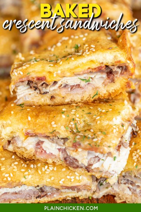 Baked Crescent Sandwiches - SO GOOD!! Crescent rolls stuffed with turkey, ham, roast beef, bacon, and cheese topped with a sweet & savory glaze and baked. These things are ridiculously good! Great for tailgating, potlucks, parties, lunch, and dinner. Crescent rolls, ham, turkey, bacon, cheese, butter, dijon mustard, Worcestershire sauce, brown sugar, and sesame seeds. There are never any leftovers when I take these to a party! Whip up a batch ASAP! Crescent Roll Ups Ham And Cheese, Pillsbury Crescent Sandwich Recipes, Dinner Roll Ups, Ham And Cheese Pockets Crescent Rolls, Crescent Roll Turkey And Cheese, Sliders With Crescent Rolls, Turkey Lunch Meat Roll Ups, Stuffed Croissants Dinner, Crescent Sandwiches Cold