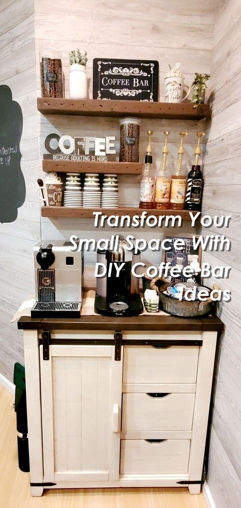 Looking to elevate your small space? Check out these creative DIY coffee bar ideas for small spaces! Whether you're a coffee connoisseur or just love a cozy nook, these designs will inspire you to create your own caffeine haven at home. From repurposed shelves to compact carts, there's a solution for every space constraint. Get ready to transform your home with these stylish and practical coffee bar ideas! Small At Home Coffee Bar, Makeshift Coffee Bar, Cute Coffee Bar Ideas Small Spaces, Diy Bar Small Spaces, Diy Mini Coffee Bar, Small Tea Bar Ideas, Mini Espresso Bar, Small Wall Coffee Bar Ideas, Cocktail And Coffee Bar Designs Idea