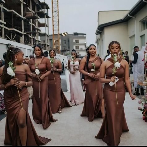 bridesmaid in brown different style dresses Brown Wedding Theme Bridesmaid Dress, Bridesmaids Dress Black Women, Shades Of Brown Wedding Party, Brown Bridesmaid Dresses Black Women, Wedding Bridesmaid Dresses Black Women, Bronze Brown Bridesmaid Dresses, Deep Brown Bridesmaid Dresses, Coffee Brown Wedding Theme, Bridesmaid Brown Dresses