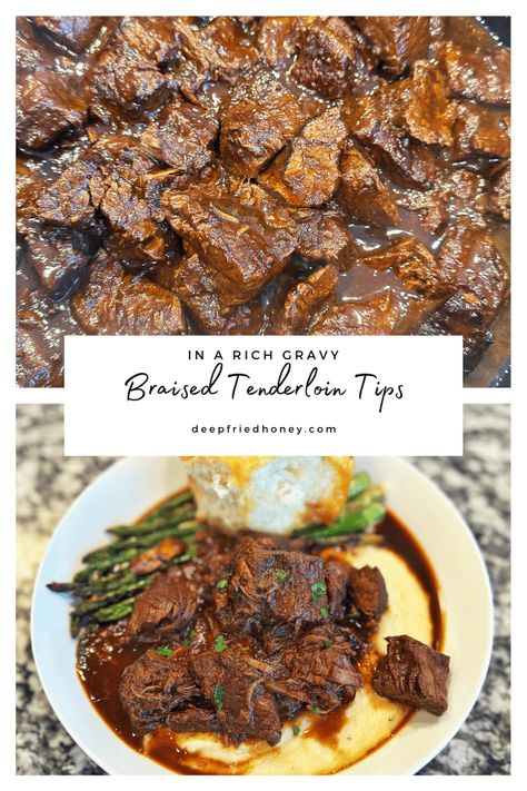 Braised Steak Tips, Beef Tenderloin Soup, Tenderloin Tips Recipe Crockpot, Braised Beef Tips Recipes, Beef Tenderloin Pieces Recipes, Braised Beef Tenderloin, Beef Tenderloin Leftovers, Small Beef Tenderloin Recipes, Tenderloin Beef Recipes