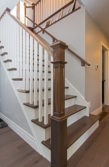 Burlington Lakeshore Second Story Addition - Craftsman - Staircase - Toronto - by White Willow Design | Houzz Craftsman Style Stairs Staircases, Wood Stairway Ideas, Traditional Farmhouse Staircase, Craftsman Style Railing, Craftsman Banisters And Railings, Stair Newel Post Ideas, Craftsman Style Staircase, Wood Banisters And Railings, Wood Staircase Ideas