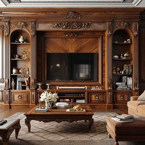 15+ Stunning Wall Unit Designs Perfect for Any Living Room • 333+ Images • [ArtFacade] Tv Wall Design Living Room Classic, Great Room Entertainment Wall, Classic Tv Room Design, Classical Tv Wall, Modern Tv Cabinet Design For Living Room, Classical Tv Unit, Wall Units Living Room Built Ins, Wine Basement, Lcd Design