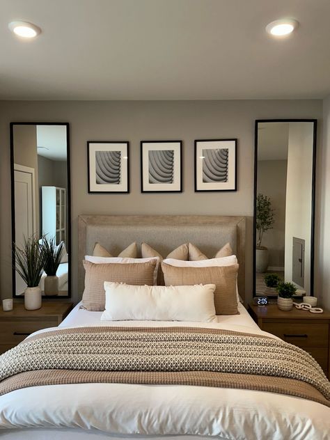 Iamlele.n on LTK Bedroom Sitting Area With Mirror, Organic Modern Bedroom Mirrors, Mirrors In Master Bed, Long Mirror Behind Nightstand, Bedroom Mirror Above Nightstand, Bedroom Styles Aesthetic, Floor Mirror Behind Nightstand, Night Stands With Mirrors Behind, Mirrors On Both Sides Of Bed