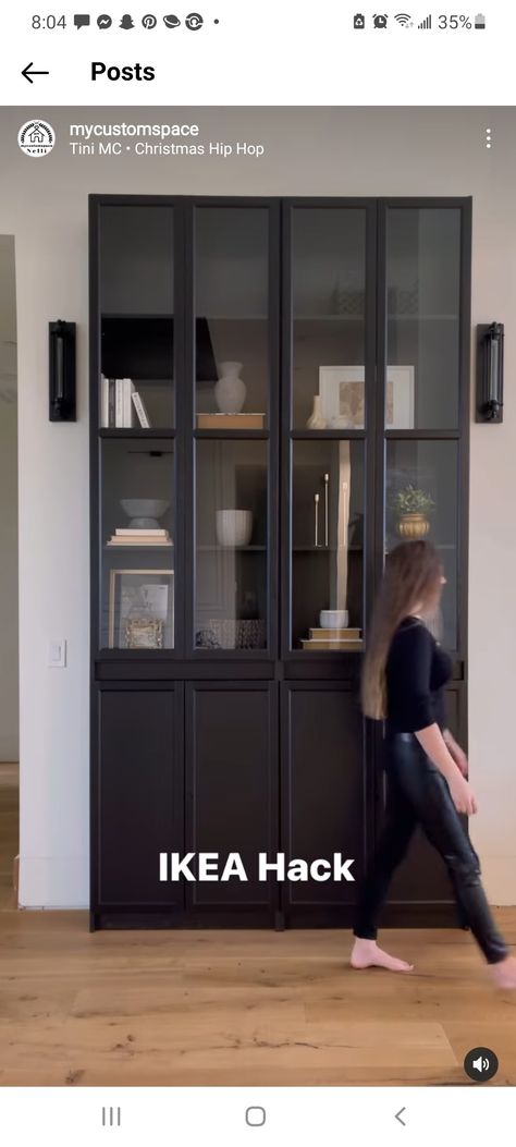 Black Ikea Bookcase, Ikea Billy Hallway, Brimes Ikea Built In, Ikea Billy Bookcase Black, Black China Cabinet Dining Room, Ikea Black Cabinets, Ikea China Cabinet Hack, Brimes Ikea Cabinet, Black Billy Bookcase