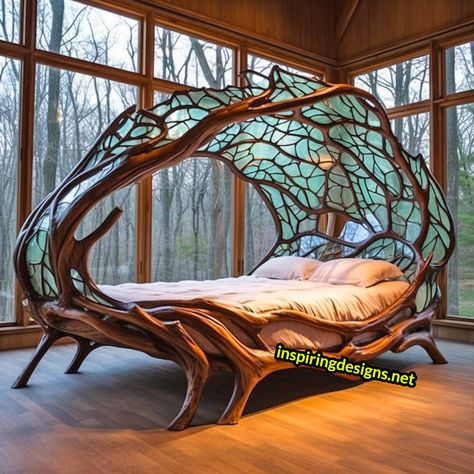 These Epic Stained Glass Tree Of Life Beds are the Ultimate Forest Fantasy for Your Bedroom! Stained Glass Tree Of Life, Stained Glass Tree, Tree Bed, Fantasy Furniture, Dekorasi Kamar Tidur, Glass Tree, Rustic Home Design, Unique Beds, Fantasy House