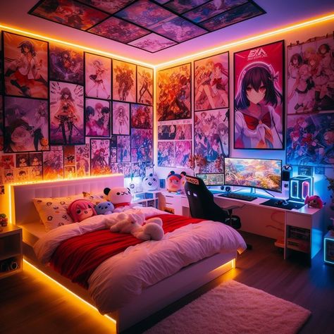 Anime Bedroom LED Anime Posters Bedroom Ideas Picture Wall, Japanese Anime Bedroom, Bedroom Anime Ideas, Anime Theme Bedroom, Anime Apartment Aesthetic, Anime Room Wallpaper, Anime Bedroom Ideas For Boys, Anime Room Makeover, Anime Maximalist Room