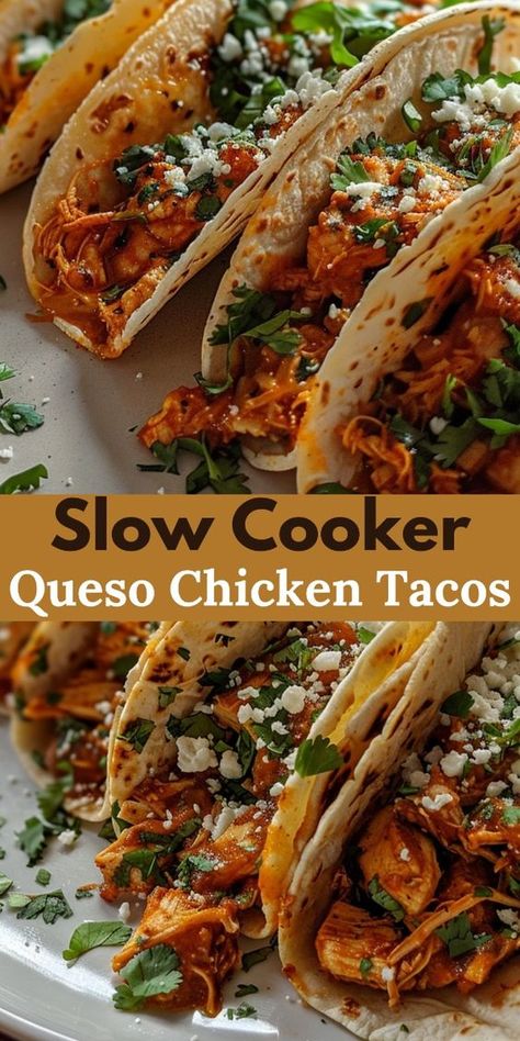 These tacos are a game-changer! Imagine tender, juicy chicken bathed in creamy queso, all wrapped up in a warm tortilla.

And with minimal prep time plus the convenience of a slow cooker, you can enjoy a hearty and satisfying summer crockpot meal with ease. Slow Cooker Queso Tacos, Fun Crockpot Dinners, Slow Cooker Chicken Taco Recipes, Easy Night Dinners, Best Crockpot Chicken Tacos, Tacos Tuesday Recipes, Southern Dinner Recipes For Family, Tri Tip Tacos Slow Cooker, Chicken For Tacos Recipe