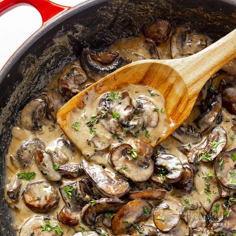 Creamy Mushroom Sauce (For Steak, Chicken & More) Mushrooms Cream Sauce, Cognac Mushroom Sauce, Vegan Creamy Mushroom Sauce, Mushrooms Steak Topping, French Mushroom Sauce, Mushroom Dijon Cream Sauce, Steak Mushroom Cream Sauce, Cream Of Mushroom Uses, Mushroom Caper Sauce