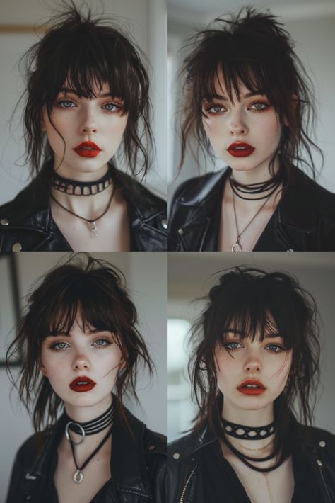 Wolf Cut Shaved Sides, Dyed Wolf Cut, Bangs Haircut Ideas, Bang Inspo, Haircut Ideas Trendy, Bangs Haircut, Cherry Red Hair, Drag Make-up, Goth Hair