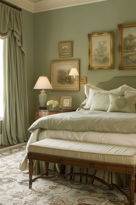 57+ Sage Green Bedroom Ideas That Feel Serene Sage Green And Light Blue Bedroom, Light Green And White Bedroom, Sage And Beige Bedroom, Sage Green And Gold Bedroom, Sage Green Walls Bedroom, Green And Wood Bedroom, Sage Green Bedrooms, Elegant Traditional Bedroom, Sage Green House