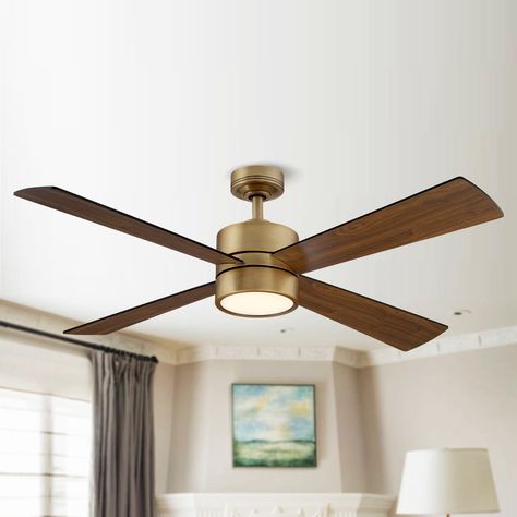 52" Wooden 4-Blade Brushed Brass LED Ceiling Fan with Remote - Bed Bath & Beyond - 36042623 Brass Ceiling Fan, Living Room Ceiling Fan, Wood Ceiling Fans, Ceiling Fan Bedroom, 52 Inch Ceiling Fan, Room Fan, Led Ceiling Fan, Modern Ceiling Fan, Ceiling Fan With Remote