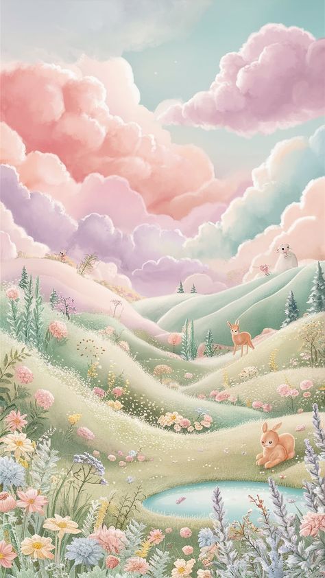 Immerse yourself in a whimsical dreamscape with this cute pastel wallpaper. Experience fluffy clouds in soft pinks and blues, a meadow bursting with wildflowers, and playful animals like bunnies and fawns. This enchanting scene evokes tranquility and innocence, making it perfect for aesthetic lovers. Ideal for your phone or desktop backgrounds. #AestheticWallpaper #PastelArt #CuteDesign #Meadow #Tranquility Pastel Scenery, Dreamy Art Computer Wallpaper, Ethereal Clouds Wallpaper, Dreamy Meadow, Dreamlight Peaceful Meadow, Pink And Blue Clouds Wallpaper, Mint Green Wallpaper, Mint Green Aesthetic, Cute Pastel Wallpaper