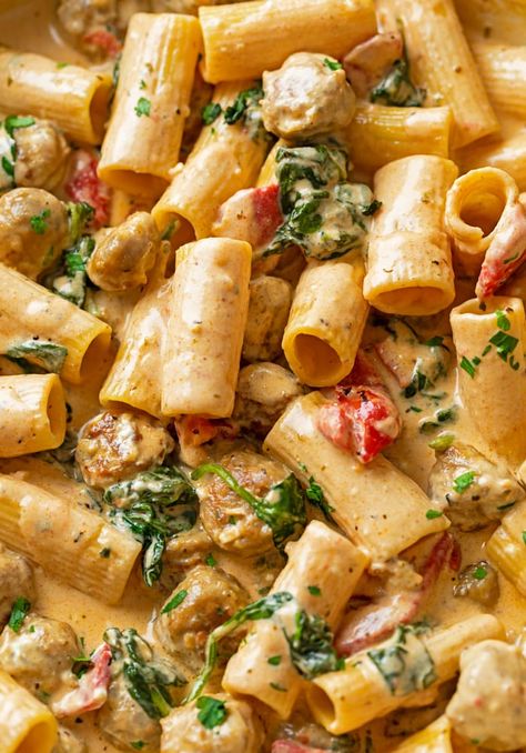 This Creamy Sausage Pasta recipe has a cream cheese and Parmesan blend with roasted red peppers, sweet or spicy Italian sausage, spinach, and your choice of pasta! You will love this easy dinner idea. Creamy Rose Pasta Sauce, Sweet Italian Sausage Pasta, Italian Sausage Pasta Recipes, Sweet Sausage Recipes, Creamy Tuscan Sausage Pasta, Creamy Italian Sausage Pasta, Sweet Italian Sausage Recipes, Sweet Pasta, Italian Sausage Recipes Pasta