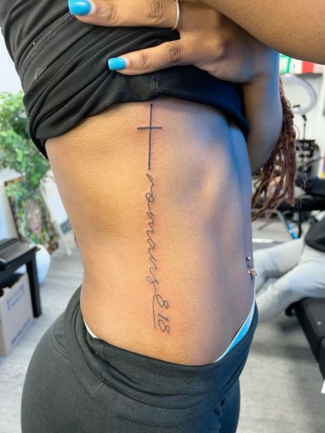 Upper Calf Tattoo Women, Roman’s 12:10 Tattoo, Small Christanity Tattoos, Tat Placement Ideas, Tattoo Ideas Ribs Side Women, Tattoo Ideas For Ribs, Galatians 2 20 Tattoo, Rib Tattoo Aesthetic, Proverbs 3 15 Tattoo