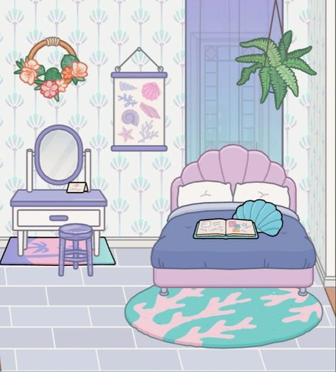 Toca Boca Mermaid House, Toca Boca Paper Doll House Bedroom, Paper Doll House Bedroom, Paper Doll Bedroom, Bad Room Ideas, Doll House Bedroom, Origami Templates, Disney Paper Dolls, Mermaid Bedroom