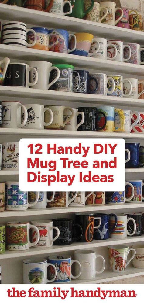 12 Handy DIY Mug Tree and Display Ideas Cup Shelves Ideas, Wall Cup Holder Mug Rack, How To Organize Mugs, Coffee Station Mug Display, Coffee Bar Mug Rack, Coffee Mugs Storage Ideas, Diy Coffee Mug Wall Rack, Coffee Cups Storage Ideas, Mug Collection Storage