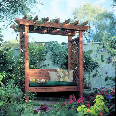 We have a very small yard so I may try this... DIY Garden Arbor Bench Garden Arbor Bench, Backyard Sitting Areas, Diy Arbour, Arbor Bench, Small Pergola, Pergola Design, Garden Arbor, Garden Wallpaper, Have Inspiration