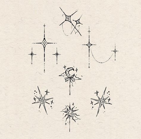 Star Tattoos Drawings, Fairy Light Tattoo, Star Sigil Tattoo, Sigil Star Tattoo, Haileys Comet Tattoos, Celestial Hip Tattoo, Whimsical Star Tattoo, Elegant Doodles, Falling Star Tattoo