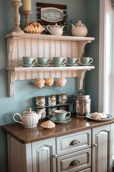 35 Beautiful Tea Station Inspirations for Any Space Tea Center In Kitchen, Tea Nook In Bedroom, Tea Nook Ideas, Antique Coffee Bar Ideas, Tea Making Station, Tea Nook In Kitchen, Tea Display Ideas, Tea Bar Station, Tea Station Ideas Small Spaces