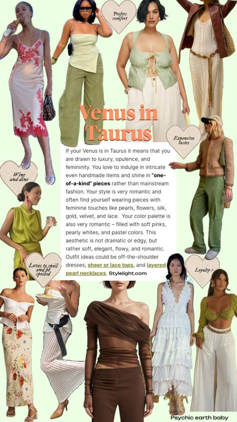 Style for Venus in Taurus 🌿🌻✨ #styleboard #astrology #venusintaurus #style #outfitinspo Taurus Fashion, Venus In Taurus, Plus Size Aesthetic Outfits, Bohemian Grunge, Venus Fashion, Dramatic Hair, Taurus Women, All Body Workout, Fashion Fits