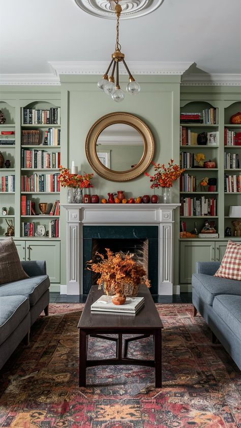 Enhance your fireplace with these built-in bookcase ideas, perfect for adding seasonal fall décor to your living room! Bookshelves Near Fireplace, Lounge Room Bookshelves, Bookshelves By Fireplace Ideas, Fireplace Surrounded By Bookshelves, Cupboards Around Fireplace, Adding Bookshelves Around Fireplace, Fireplace Library Bookshelves, Built In Bookshelf Around Fireplace, Built In Bookshelf Fireplace