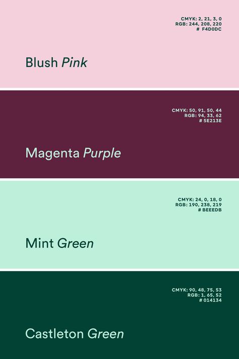 This is a luxurious and elevated color combination fusing lush pink, magenta, mint green and pine to create a divine color palette. #branding #brand #logodesign #brandingdesign #graphicdesign #logo #colorpalettes #colortrends #pantone #brandcolors Mint Green Branding Palette, Green Pink Pallet Color, Mint Green Color Pallete, Mint Green And Pink Color Palette, Color Palette With Mint Green, Mint Pink Color Palette, Neon Green And Purple Color Palette, Magenta Green Color Palette, Magenta And Green Color Palette