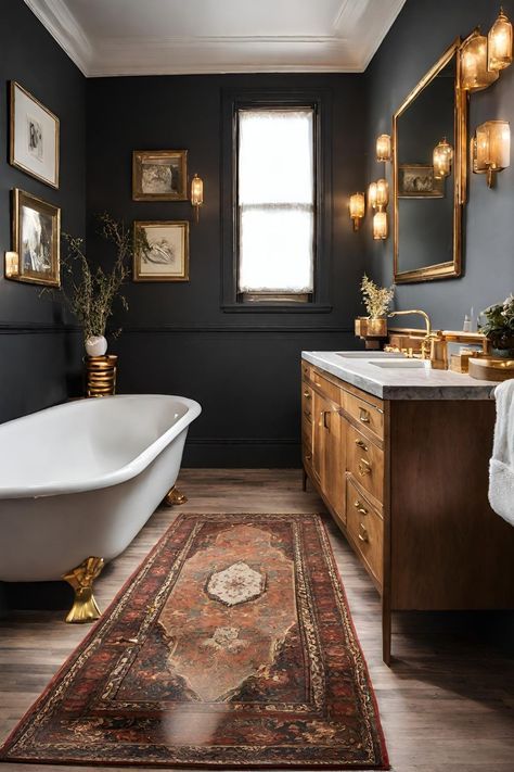 Moody Bathroom, Dark Bathroom Ideas, Dark Bathrooms, Guest Bathrooms, Vintage Bathroom, Laundry In Bathroom, Dream Home Design, Decoration Design, Bathroom Inspiration