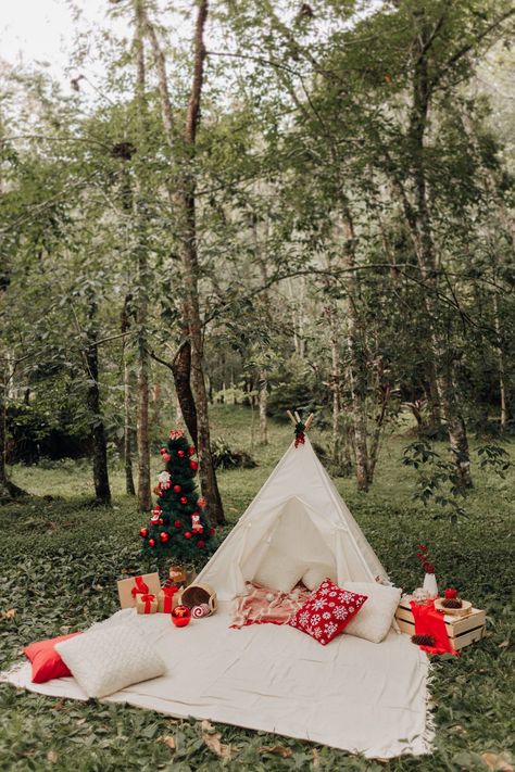 Simple Outside Christmas Photoshoot, Tepee Christmas Photoshoot, Xmas Photoshoot Ideas Outside, Christmas Photography Ideas Outdoor, Holiday Mini Session Outdoor, Outdoor Mini Christmas Session, Diy Outdoor Christmas Pictures, Holiday Minis Outdoor, Mini Outdoor Christmas Tree