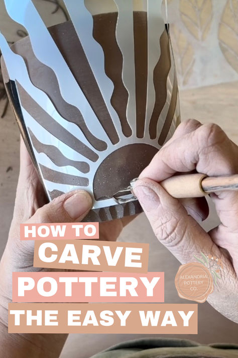 Carving clay made easy! Fun tutorial for hand-carving pottery. Learn how to make pottery projects step by step. Easy Ceramics! Mugs, Vases and more... Pottery Gift For Him, Ceramic Ideas For Beginners, Pottery Carved Designs, Scrafitto Ceramics Ideas, Glazing Carved Pottery, Carved Flowers Pottery, How To Carve Pottery, Ceramic Mug Tutorial, Clay Plant Pot Ideas