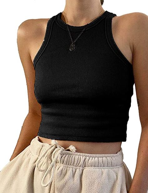 Crop Top Outfits, Crop Tank Tops, Black Cropped Tank, Solid Tank Tops, Tank Top Outfits, Cropped Vest, Sport Tank Tops, Crop Tank Top, Casual Tank Tops