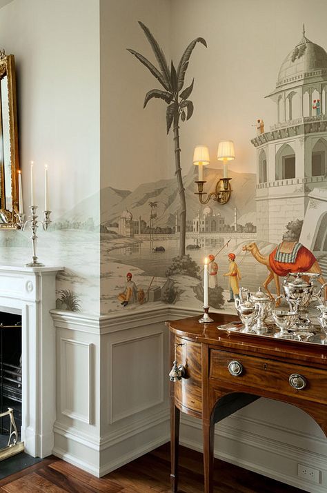 Grisaille-Art-Wallpaper-Murals-Screens...{part I} - laurel home | interior design by Rebecca Brandon Zuber Wallpaper, Gracie Wallpaper, British Colonial Decor, British Colonial Style, Colonial Decor, Wallpaper Murals, Colonial Style, Traditional House, Dining Room Decor