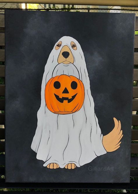 Halloween Canvas Paintings, Art Mini Toile, Adorable Golden Retriever, Halloween Canvas Art, Cute Easy Paintings, Fall Canvas Painting, Art Mignon, Cute Canvas Paintings, Easy Canvas Art