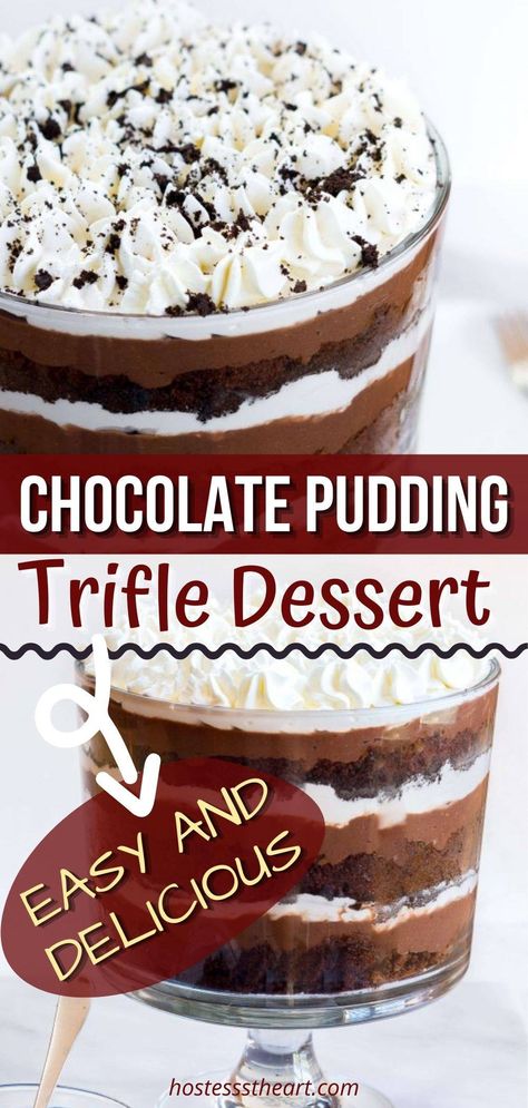 Chocolate Pudding Trifle, Trifle Chocolate, Chocolate Trifle Recipe, Chocolate Trifle Desserts, Chocolate Pudding Cake Recipe, Pudding Trifle, Trifle Bowl Recipes, Easy Chocolate Pudding, Chocolate Pudding Desserts