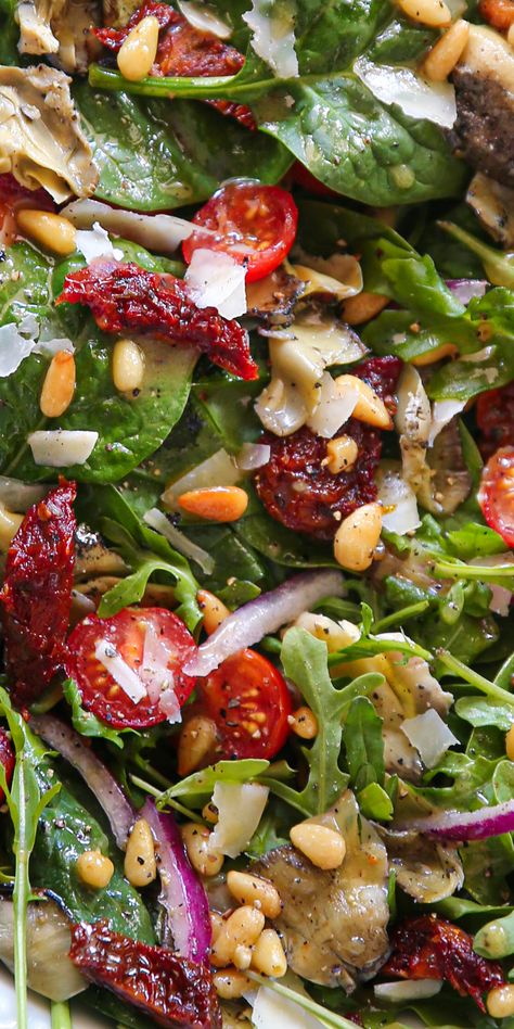 Italian Salad with Spinach, Arugula, Sun-Dried Tomatoes, Artichokes, Tomatoes, Pine Nuts, Parmesan. Italian Recipes Salad, Italian Spinach Salad, What Can I Make With Arugula, Artichoke Spinach Salad, Tomato Parmesan Salad, Arugula And Spinach Recipes, Italian Arugula Salad, Healthy Italian Salad Recipes, Pine Nut Salad