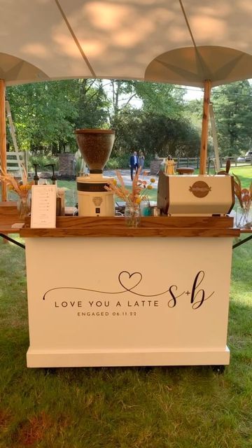 Wedding Coffee And Tea Bar, Coffee Bar Display Wedding, Coffee Bar For Wedding Receptions, Coffee Shop Proposal Ideas, Bridal Coffee Bar, Engagement Party Coffee Bar, Iced Coffee Hour Wedding, Coffee Stand Wedding, Espresso Bar At Wedding