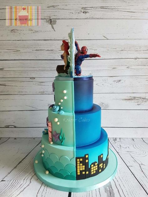 Half Spiderman / half the little mermaid  by Kokoro Cakes by Kyoko Grussu Double Birthday Cake, Double Birthday Parties, Rodjendanske Torte, Combined Birthday Parties, Half Birthday Cakes, Twin Birthday Cakes, Twins Cake, New Birthday Cake, Little Mermaid Cakes