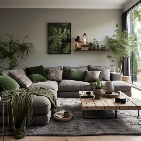 Green and grey, the perfect ballet—a harmonious duo that makes your day!" 💚 Our green and grey cushions on a grey sofa offer a balanced and inviting look for any room. 🌫️ Find your equilibrium at 👉 https://covermycushion.com/pages/cushion-ideas-for-grey-sofas 🌿 #CoverMyCushion #GreenAndGrey #BalancedBeauty Comfortable Minimalist Living Room, Grey Olive Living Room, Gray Couch Decor Ideas, Earthy Apartment Aesthetic, Neutral Aesthetic Living Room, Earthy Living Room Decor, Earthy Living Room Ideas, Living Room Design Green, Gray Sofa Living