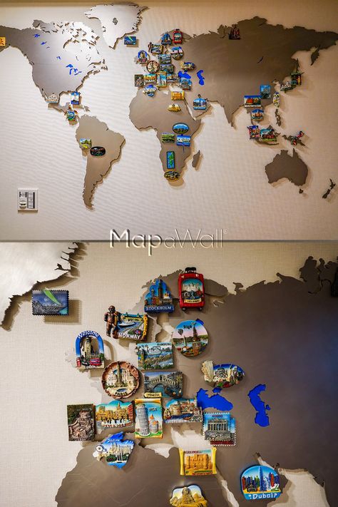 Magnetic stainless steel world map with colourful refrigerator magnets World Map Magnetic Board, World Map On Wall Ideas, Memories Wall Ideas, Magnet Wall Ideas, World Map Ideas, Magnetic Wall Ideas, Magnet Display Ideas, Travel Magnet Display Ideas, Map Monde