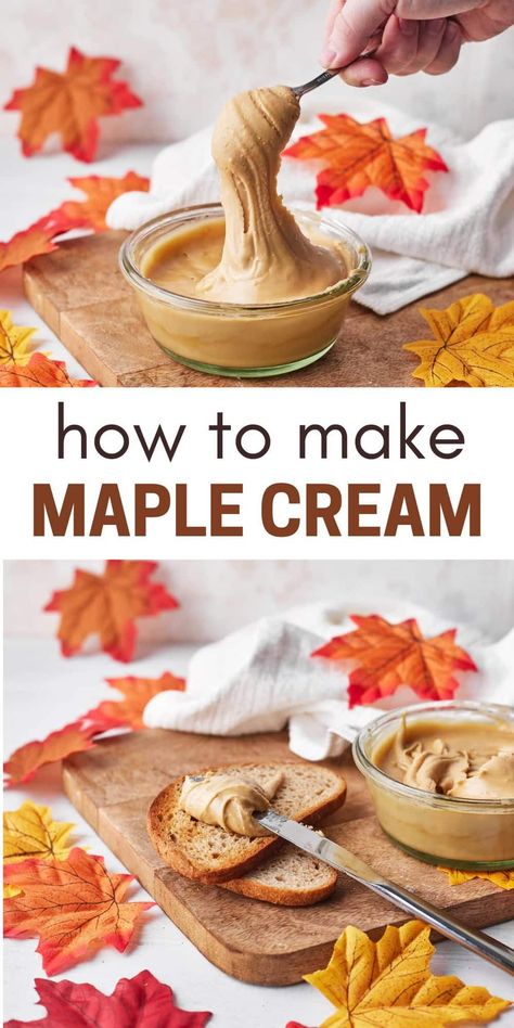 Maple cream is a delicious, thick and spreadable version of maple syrup. It is made using only one ingredient - maple syrup. It's great for breakfasts and dessert in the fall time, on toast, pancakes, waffles, french toast, or as a filling for cookies, cakes and cupcakes. It's very sweet and easy to make, I'll show you the step by step process of making homemade maple cream or maple butter. #maple #fallbaking #maplecream #maplebutter #fallrecipes #maplerecipes Flavored Maple Syrup, Flavored Butter Recipes, Butter Recipes Homemade, Maple Recipes, Maple Syrup Recipes, Syrup Recipes, Maple Butter, Maple Cream, Flavored Butter