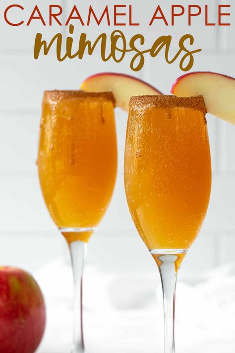 These sinfully delicious mimosas with a decadent caramel syrup and cinnamon sugar rim will be a hit at your next fall brunch! Breakfast Drinks With Alcohol Fall, Pitcher Drinks Alcohol Fall, Mimosa Recipe Fall, Fall Mimosas Recipe, Fall Mimosa Ideas, Fall Happy Hour Ideas, Fall Drinks Vodka, Fall Acholic Beverages Easy, Caramel Apple Mimosa