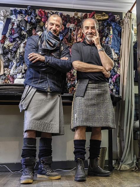 VERY INTERESTING INSIGHT by Scotland kilt designer, Howie Nicholsby (on the left): The Norwegians claim original ownership of the kilt, but I think it has more of a Danish origin, as the word ‘kilt’ translates from Danish, or old Norse, meaning ‘to tuck or pleat’ and the word ‘tartan’ comes from old French ‘tertaine’ meaning ‘woollen cloth’. So all these cultures have had a hand in the evolution of the kilt, and I see myself as part of the evolution — radical evolutionist. It is all to do with Werewolf Fashion, Kilt Outfit Men, Kilt Men Fashion, Kilted Men, Scottish Men, Scotland Kilt, Modern Kilts, Guys In Skirts, Older Mens Fashion